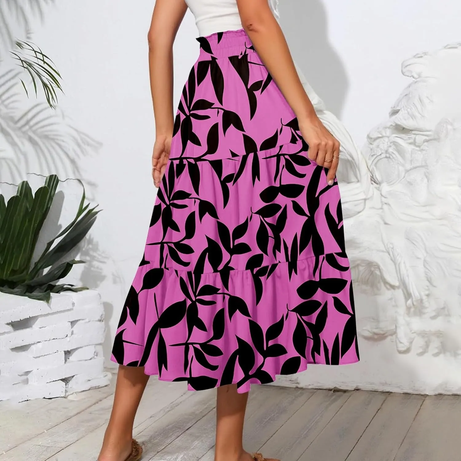 Women's Midi Boho Floral Tiered Skirts Trendy Comfy Flowy Drawstring High Elastic Waist Aline Skirt Skorts with Pockets