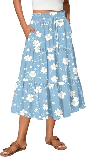 Women's Midi Boho Floral Tiered Skirts Trendy Comfy Flowy Drawstring High Elastic Waist Aline Skirt Skorts with Pockets