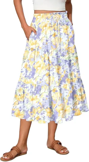 Women's Midi Boho Floral Tiered Skirts Trendy Comfy Flowy Drawstring High Elastic Waist Aline Skirt Skorts with Pockets