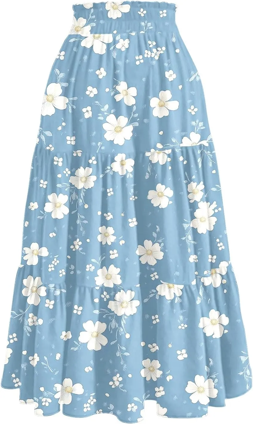 Women's Midi Boho Floral Tiered Skirts Trendy Comfy Flowy Drawstring High Elastic Waist Aline Skirt Skorts with Pockets