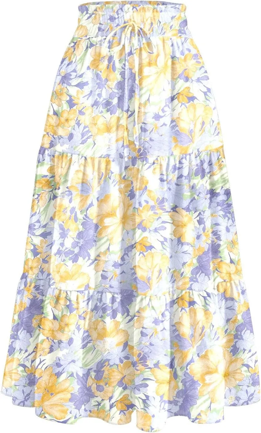 Women's Midi Boho Floral Tiered Skirts Trendy Comfy Flowy Drawstring High Elastic Waist Aline Skirt Skorts with Pockets