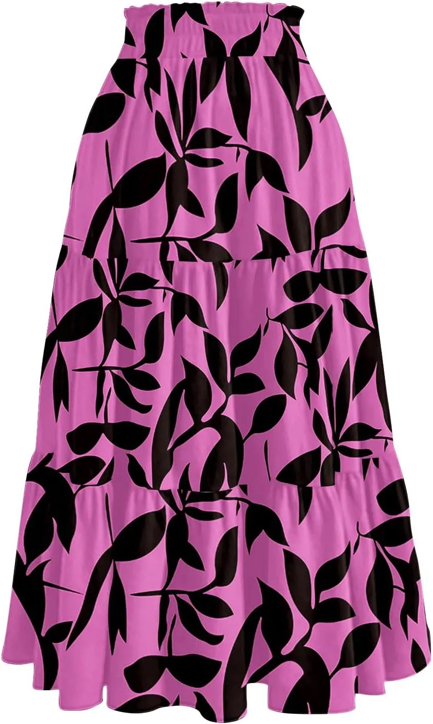 Women's Midi Boho Floral Tiered Skirts Trendy Comfy Flowy Drawstring High Elastic Waist Aline Skirt Skorts with Pockets