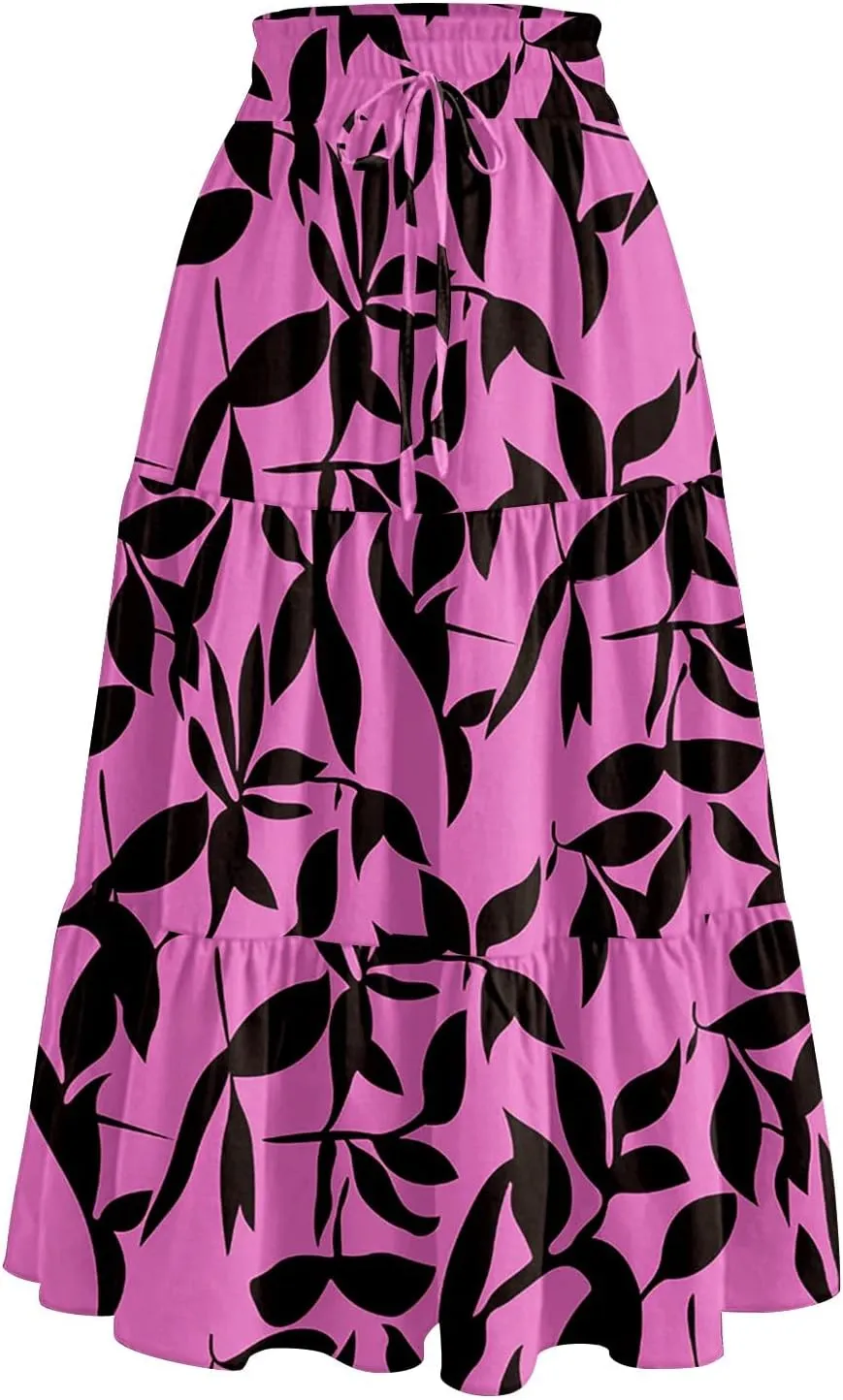 Women's Midi Boho Floral Tiered Skirts Trendy Comfy Flowy Drawstring High Elastic Waist Aline Skirt Skorts with Pockets