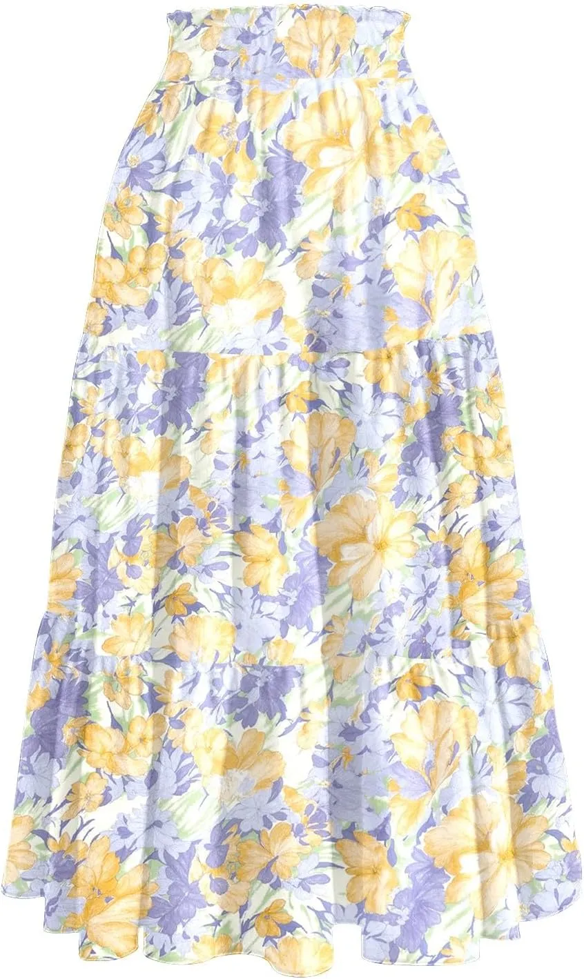 Women's Midi Boho Floral Tiered Skirts Trendy Comfy Flowy Drawstring High Elastic Waist Aline Skirt Skorts with Pockets