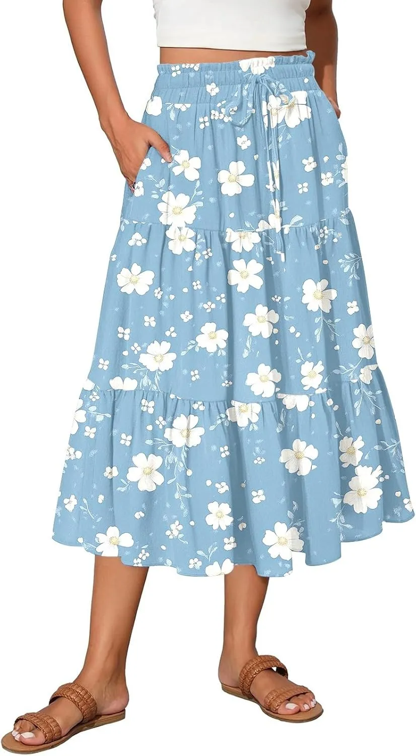 Women's Midi Boho Floral Tiered Skirts Trendy Comfy Flowy Drawstring High Elastic Waist Aline Skirt Skorts with Pockets