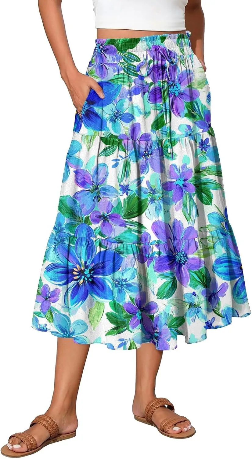 Women's Midi Boho Floral Tiered Skirts Trendy Comfy Flowy Drawstring High Elastic Waist Aline Skirt Skorts with Pockets