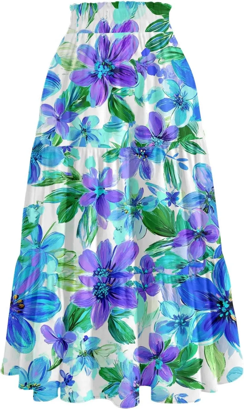 Women's Midi Boho Floral Tiered Skirts Trendy Comfy Flowy Drawstring High Elastic Waist Aline Skirt Skorts with Pockets