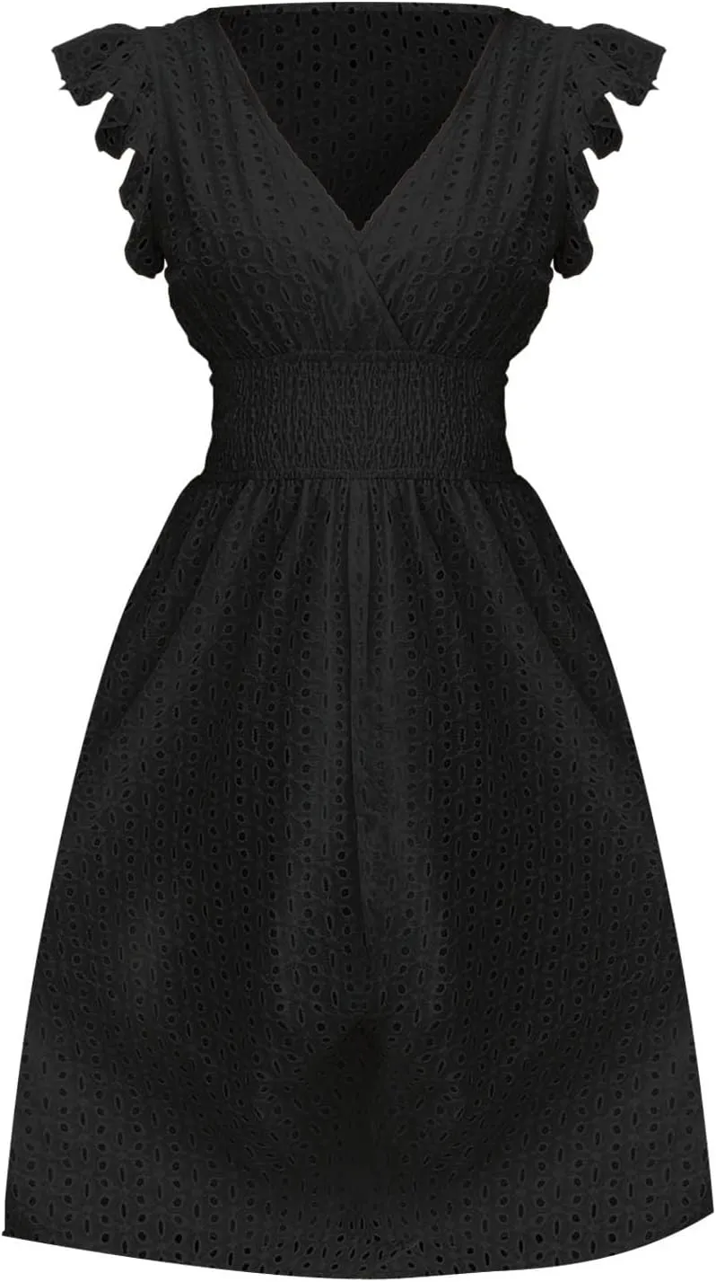 Women's Midi Lace Jacquard Cutout Slimming Sexy V Neck Plus Size Dresses Sheer Sundress