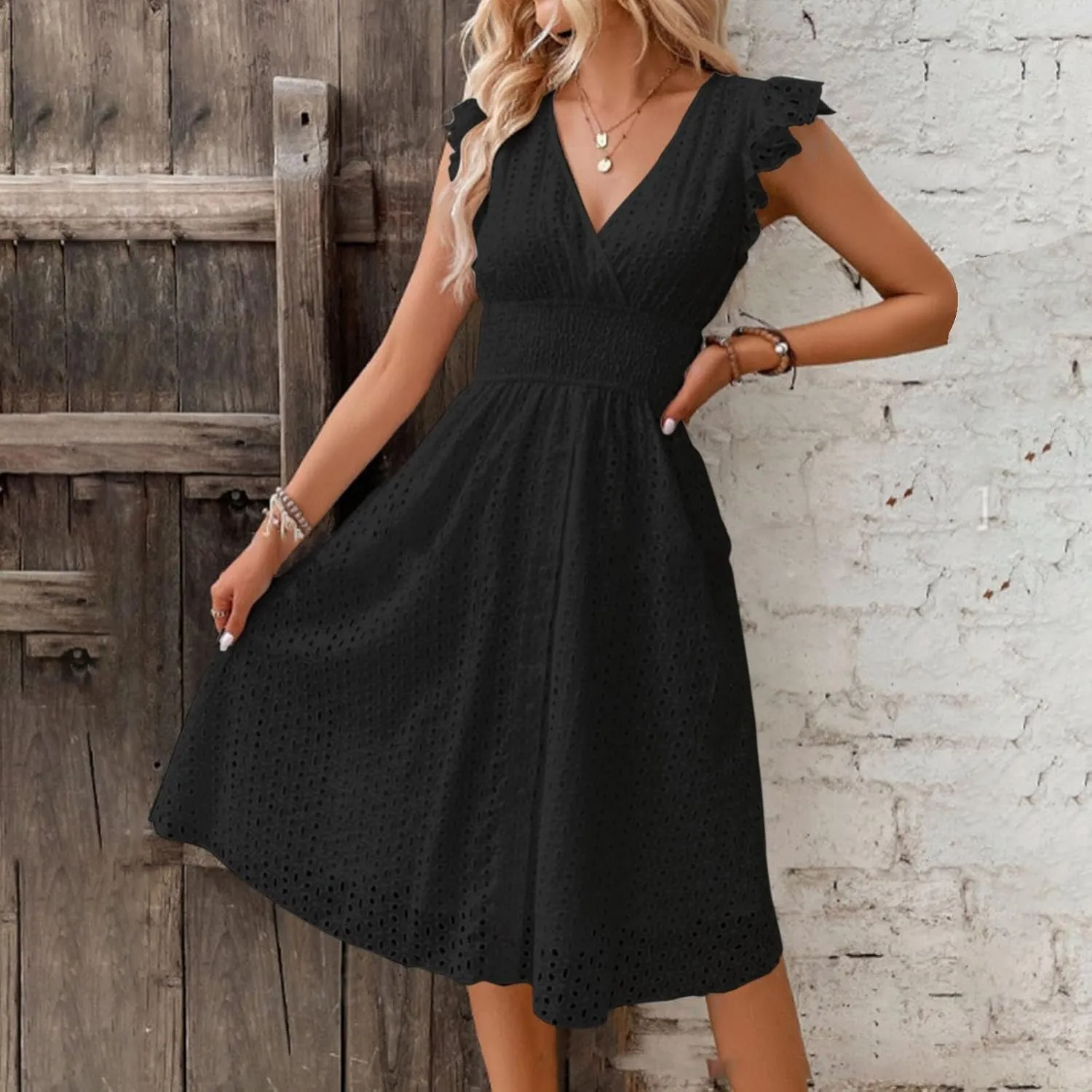 Women's Midi Lace Jacquard Cutout Slimming Sexy V Neck Plus Size Dresses Sheer Sundress