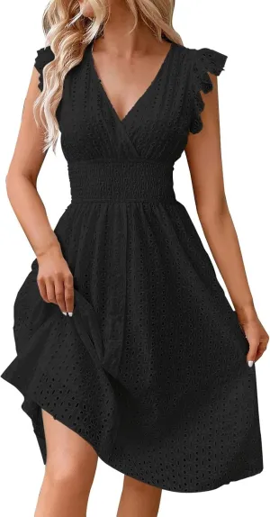 Women's Midi Lace Jacquard Cutout Slimming Sexy V Neck Plus Size Dresses Sheer Sundress