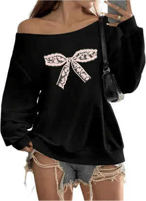 Women's Off The Shoulder Sweatshirt Tops Graphic Long Sleeve Loose Pullover Fall Tops Trendy