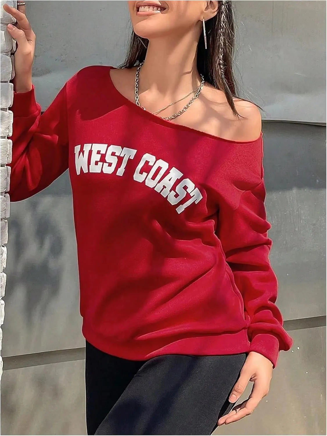 Women's Off The Shoulder Sweatshirt Tops Graphic Long Sleeve Loose Pullover Fall Tops Trendy
