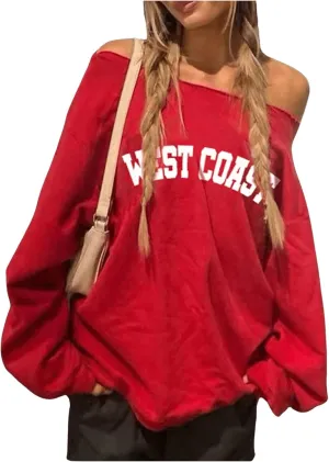 Women's Off The Shoulder Sweatshirt Tops Graphic Long Sleeve Loose Pullover Fall Tops Trendy