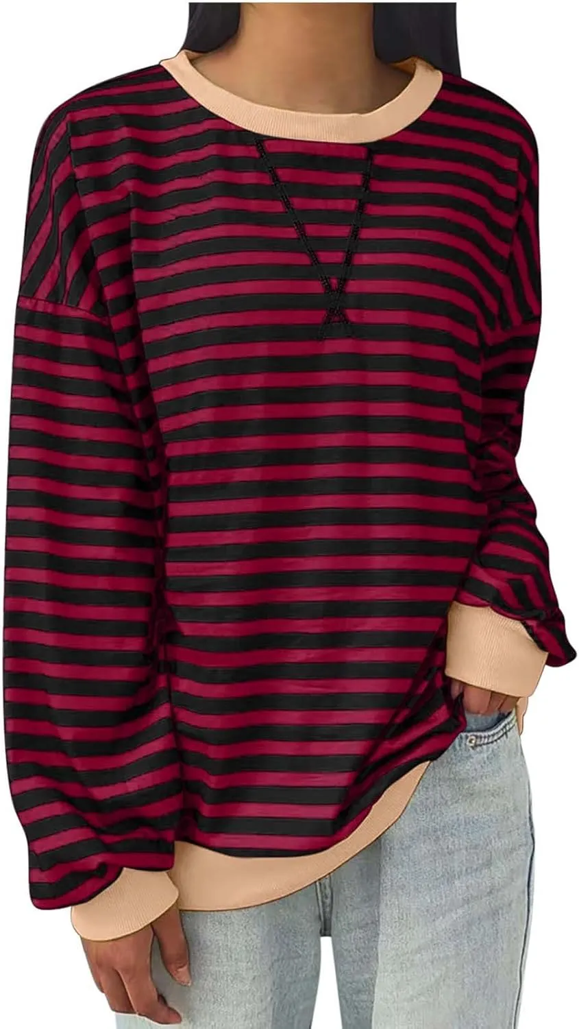 Women's Oversized Striped Color Block Sweatshirts Tops Long Sleeve Crewneck Baggy Y2k Preppy Pullover Shirt Blouse