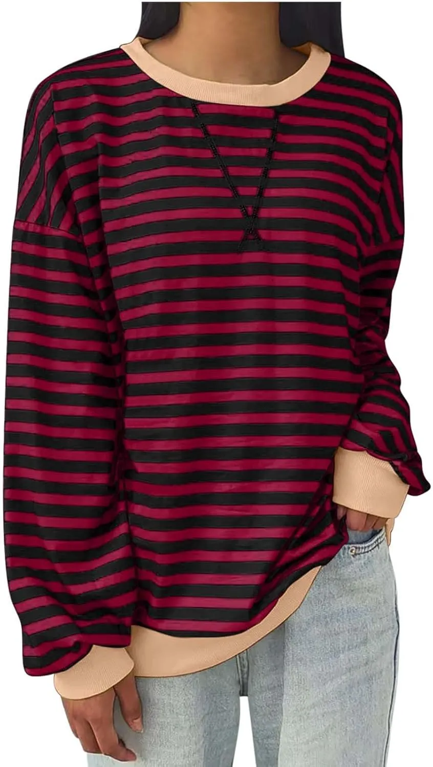Women's Oversized Striped Color Block Sweatshirts Tops Long Sleeve Crewneck Baggy Y2k Preppy Pullover Shirt Blouse