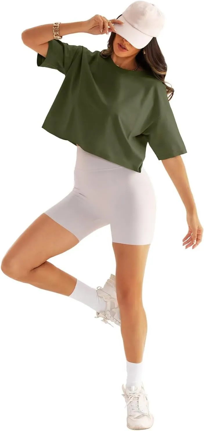 Womens Oversized Workout Crop Tops Cotton T Shirts Boxy Crewneck Loose Fit Short Sleeve Tee Summer Clothes 2025