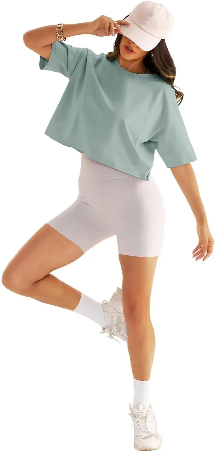 Womens Oversized Workout Crop Tops Cotton T Shirts Boxy Crewneck Loose Fit Short Sleeve Tee Summer Clothes 2025