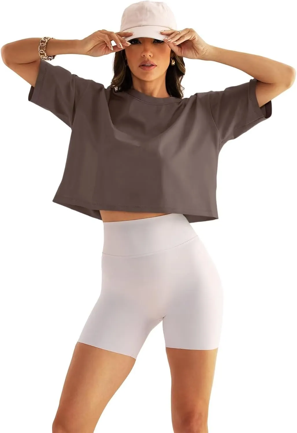 Womens Oversized Workout Crop Tops Cotton T Shirts Boxy Crewneck Loose Fit Short Sleeve Tee Summer Clothes 2025