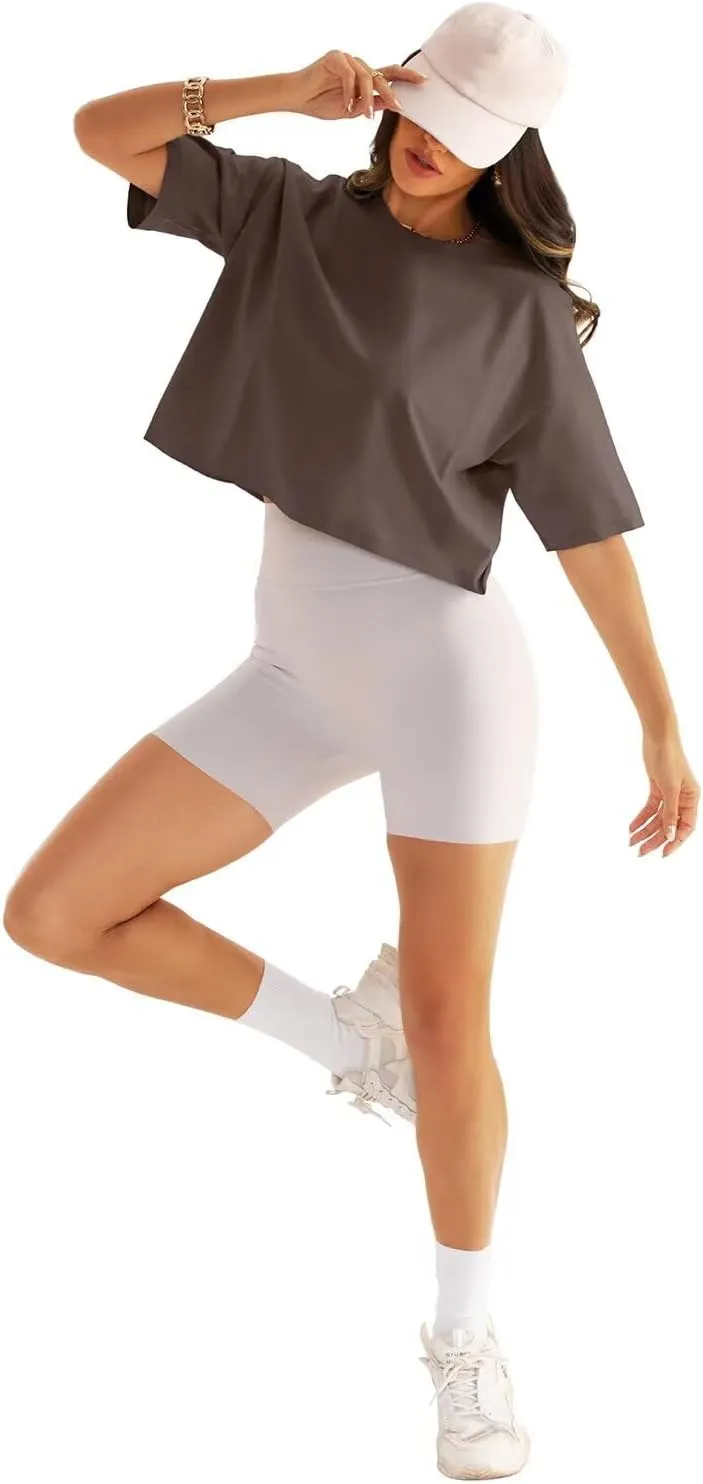 Womens Oversized Workout Crop Tops Cotton T Shirts Boxy Crewneck Loose Fit Short Sleeve Tee Summer Clothes 2025