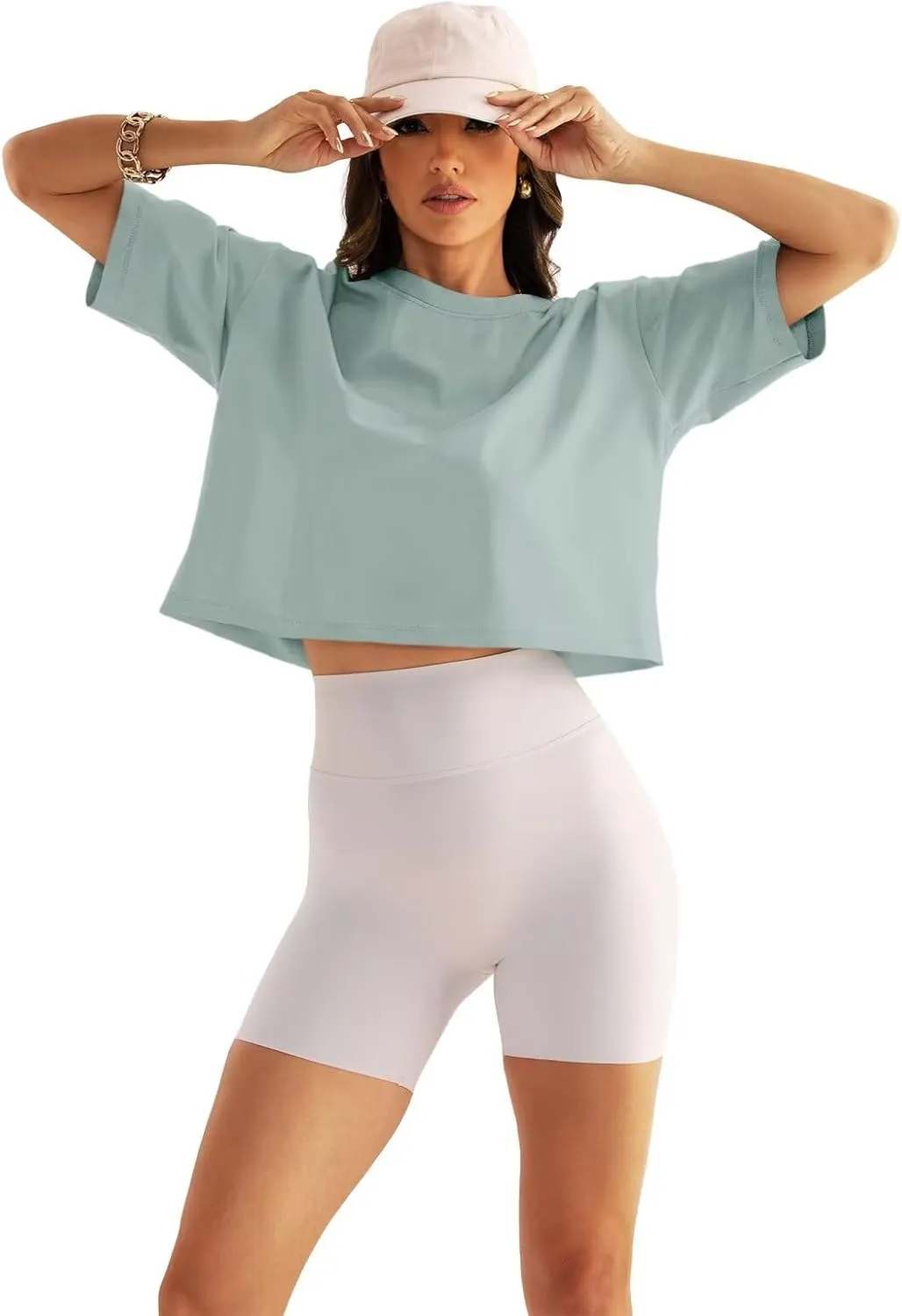 Womens Oversized Workout Crop Tops Cotton T Shirts Boxy Crewneck Loose Fit Short Sleeve Tee Summer Clothes 2025