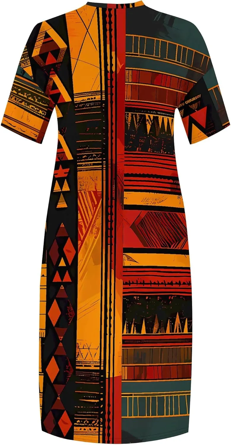 Women's Plus Size African Print Dresses Casual Loose Pocket Short Sleeve Long Maxi Dress