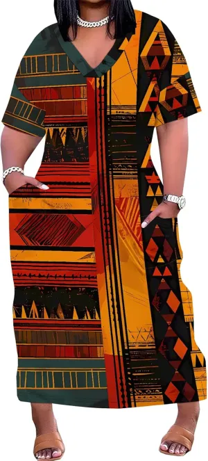 Women's Plus Size African Print Dresses Casual Loose Pocket Short Sleeve Long Maxi Dress