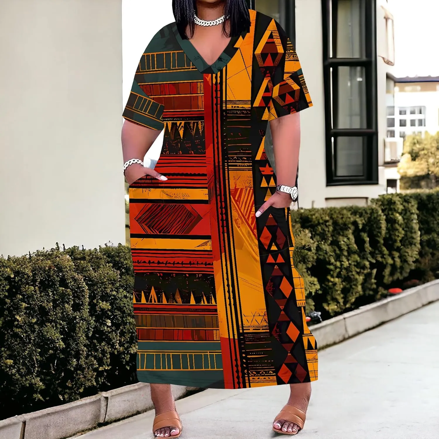 Women's Plus Size African Print Dresses Casual Loose Pocket Short Sleeve Long Maxi Dress