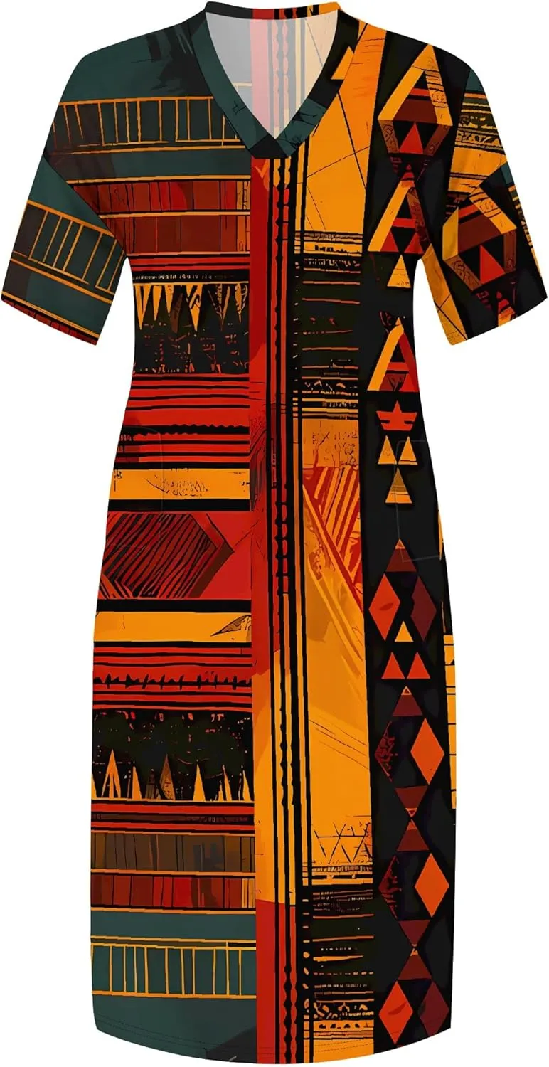Women's Plus Size African Print Dresses Casual Loose Pocket Short Sleeve Long Maxi Dress
