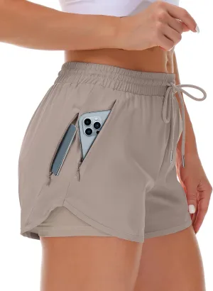 Women's Running Shorts with Liner 3 Zipper Pockets Elastic Workout Athletic Gym Yoga Shorts