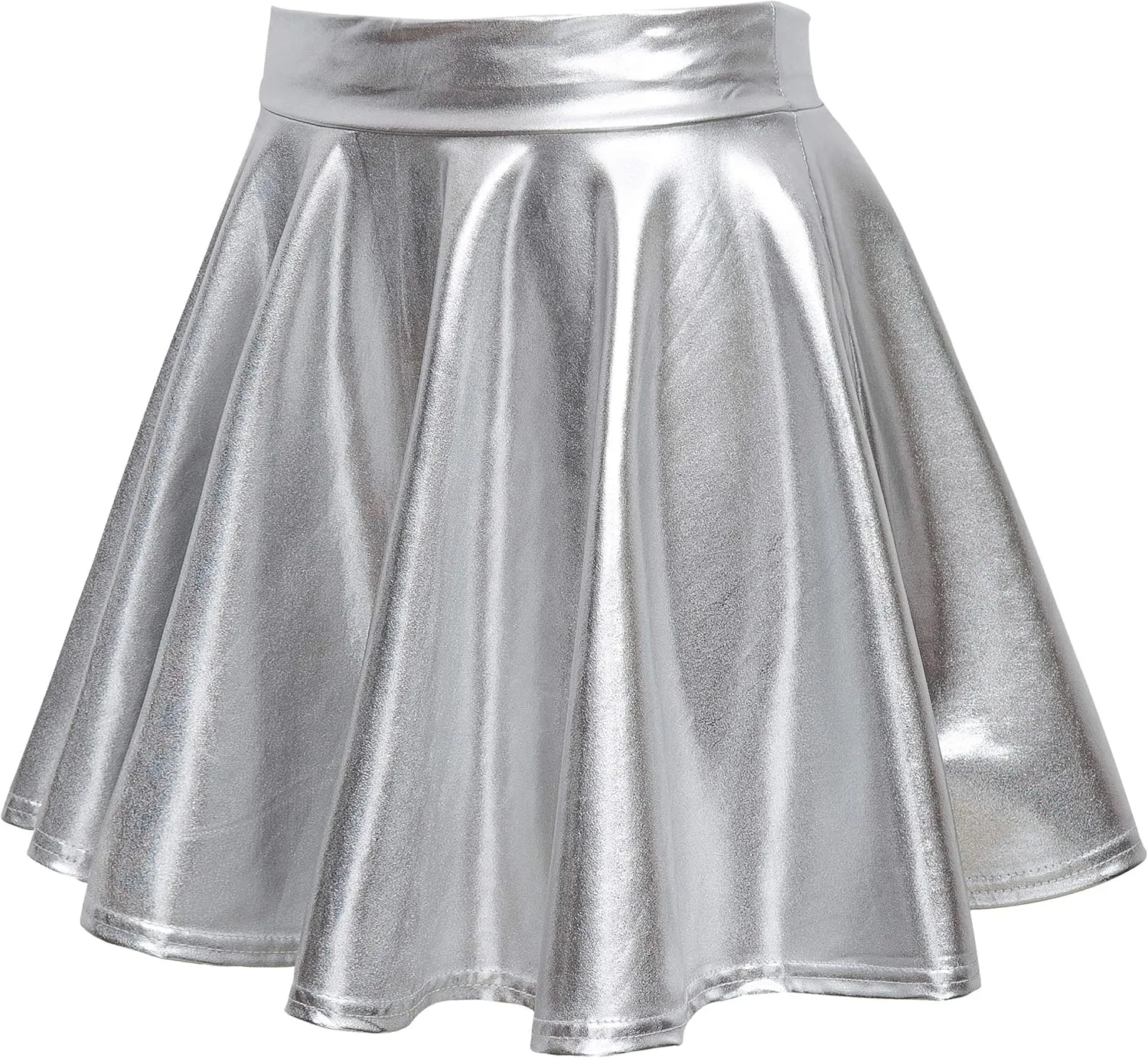 Women's Shiny Metallic Wet Look Stretchy Flared Mini Skater Skirt