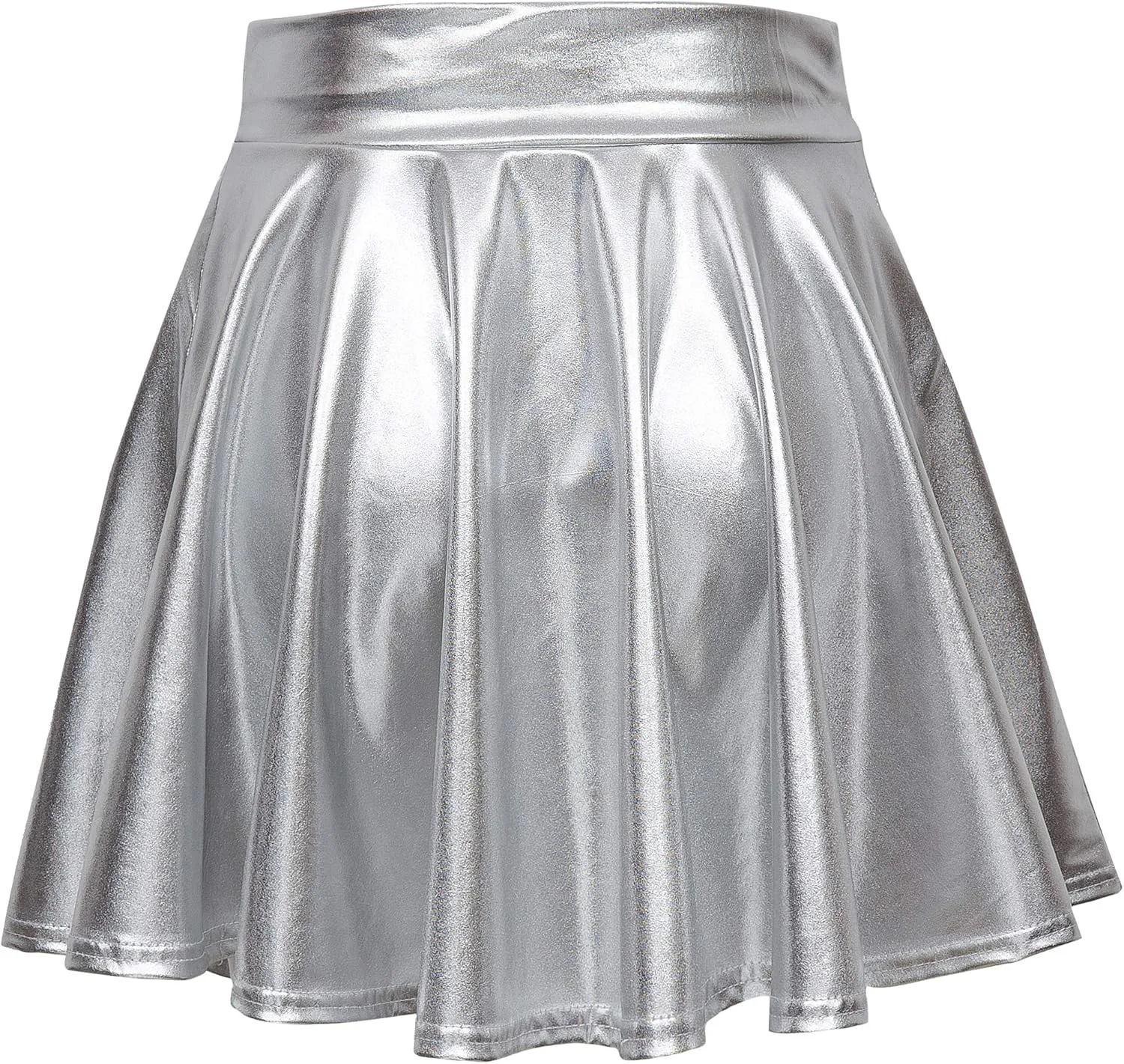 Women's Shiny Metallic Wet Look Stretchy Flared Mini Skater Skirt
