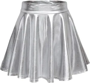 Women's Shiny Metallic Wet Look Stretchy Flared Mini Skater Skirt