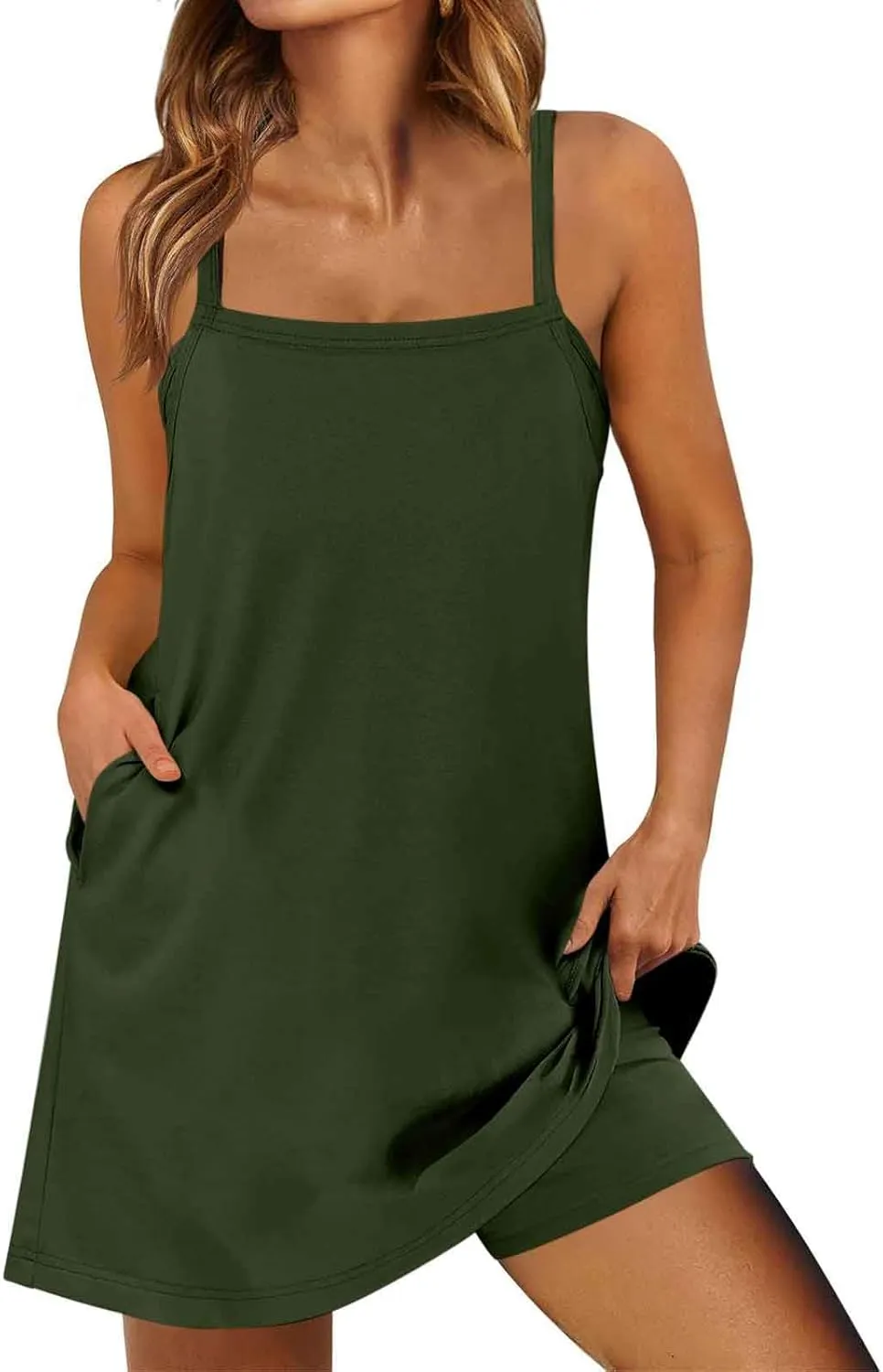 Womens Sleeveless Mini Dress with Built-in Shorts Summer Spaghetti Strap Romper Dresses Workout Sundress with Pockets