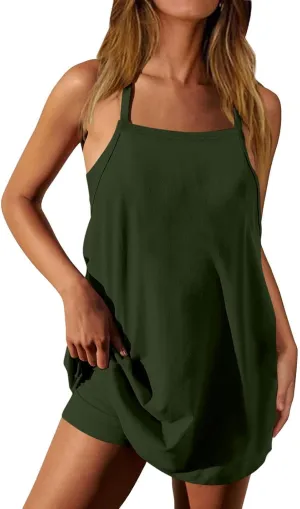 Womens Sleeveless Mini Dress with Built-in Shorts Summer Spaghetti Strap Romper Dresses Workout Sundress with Pockets