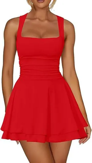 Women's Square Neck Sleeveless Dresses 2025 Summer Casual Ruffle Hem Ruched Waist Beach Party Mini Short Dress