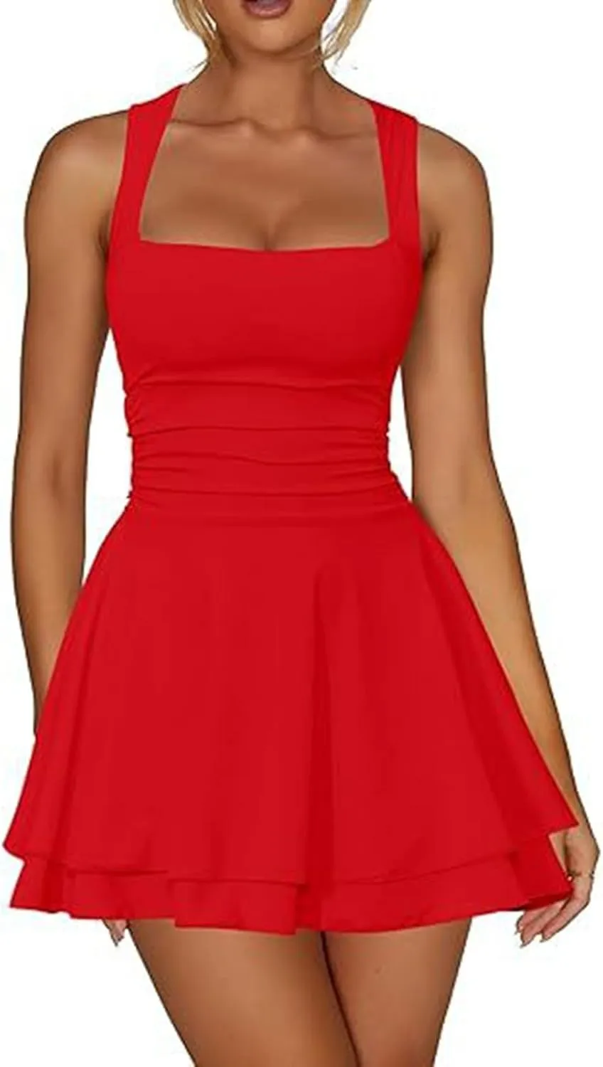 Women's Square Neck Sleeveless Dresses 2025 Summer Casual Ruffle Hem Ruched Waist Beach Party Mini Short Dress