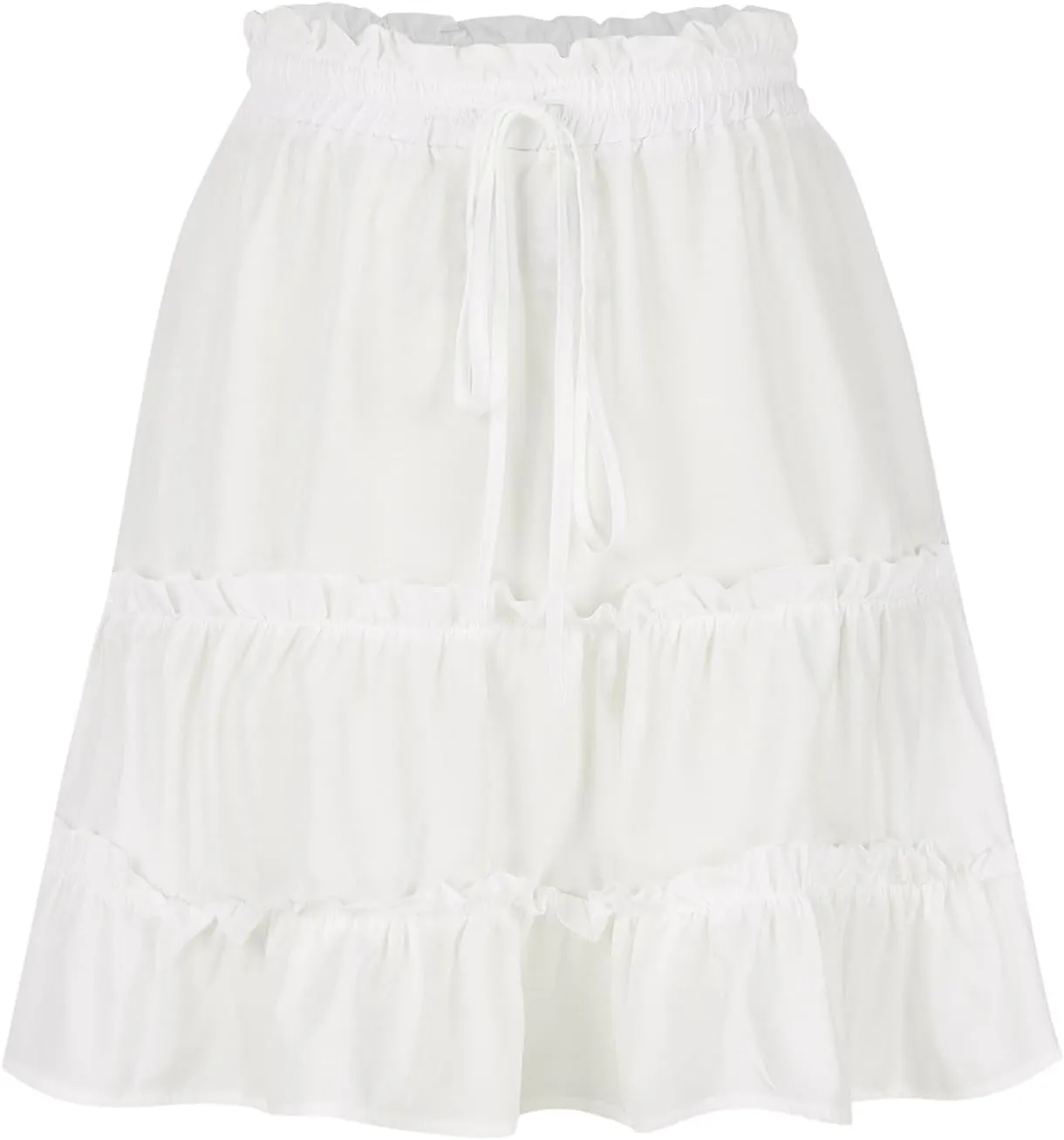 Women's Summer Boho A-line Mini Skirt Elastic Waist Drawstring Tiered Skirts Pleated Ruffle Hem Flowy Short Skirt
