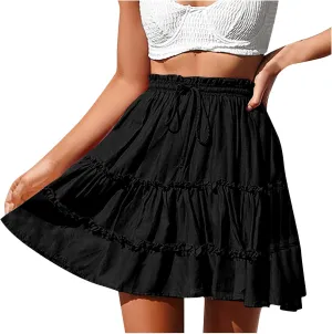 Women's Summer Boho A-line Mini Skirt Elastic Waist Drawstring Tiered Skirts Pleated Ruffle Hem Flowy Short Skirt
