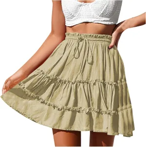 Women's Summer Boho A-line Mini Skirt Elastic Waist Drawstring Tiered Skirts Pleated Ruffle Hem Flowy Short Skirt