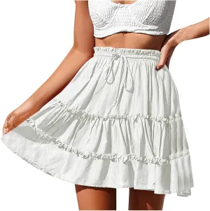 Women's Summer Boho A-line Mini Skirt Elastic Waist Drawstring Tiered Skirts Pleated Ruffle Hem Flowy Short Skirt