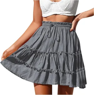 Women's Summer Boho A-line Mini Skirt Elastic Waist Drawstring Tiered Skirts Pleated Ruffle Hem Flowy Short Skirt