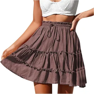 Women's Summer Boho A-line Mini Skirt Elastic Waist Drawstring Tiered Skirts Pleated Ruffle Hem Flowy Short Skirt