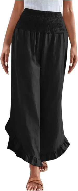 Womens Summer Boho Pants Cotton Linen Casual Pants Flowy Palazzo Wide Leg Trousers Fashion Beach Vacation Outfits Clothes