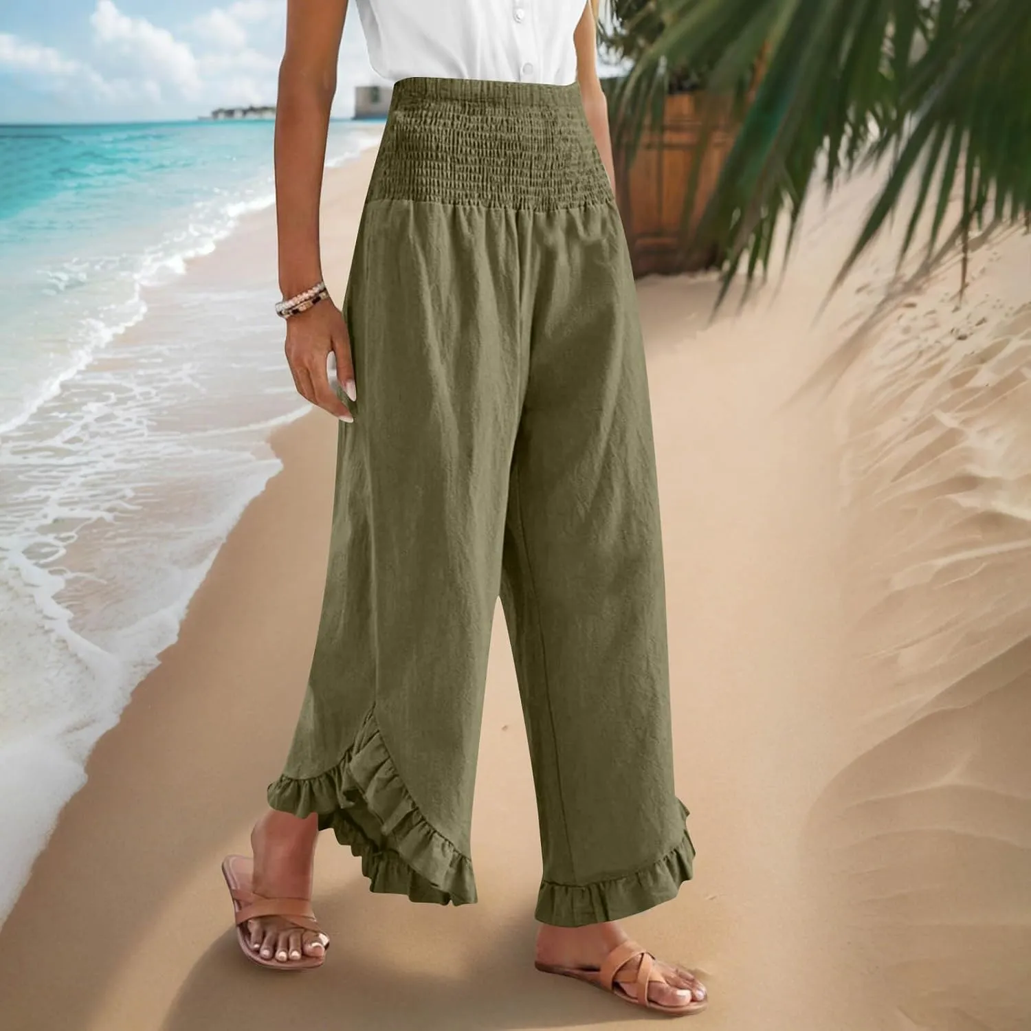 Womens Summer Boho Pants Cotton Linen Casual Pants Flowy Palazzo Wide Leg Trousers Fashion Beach Vacation Outfits Clothes
