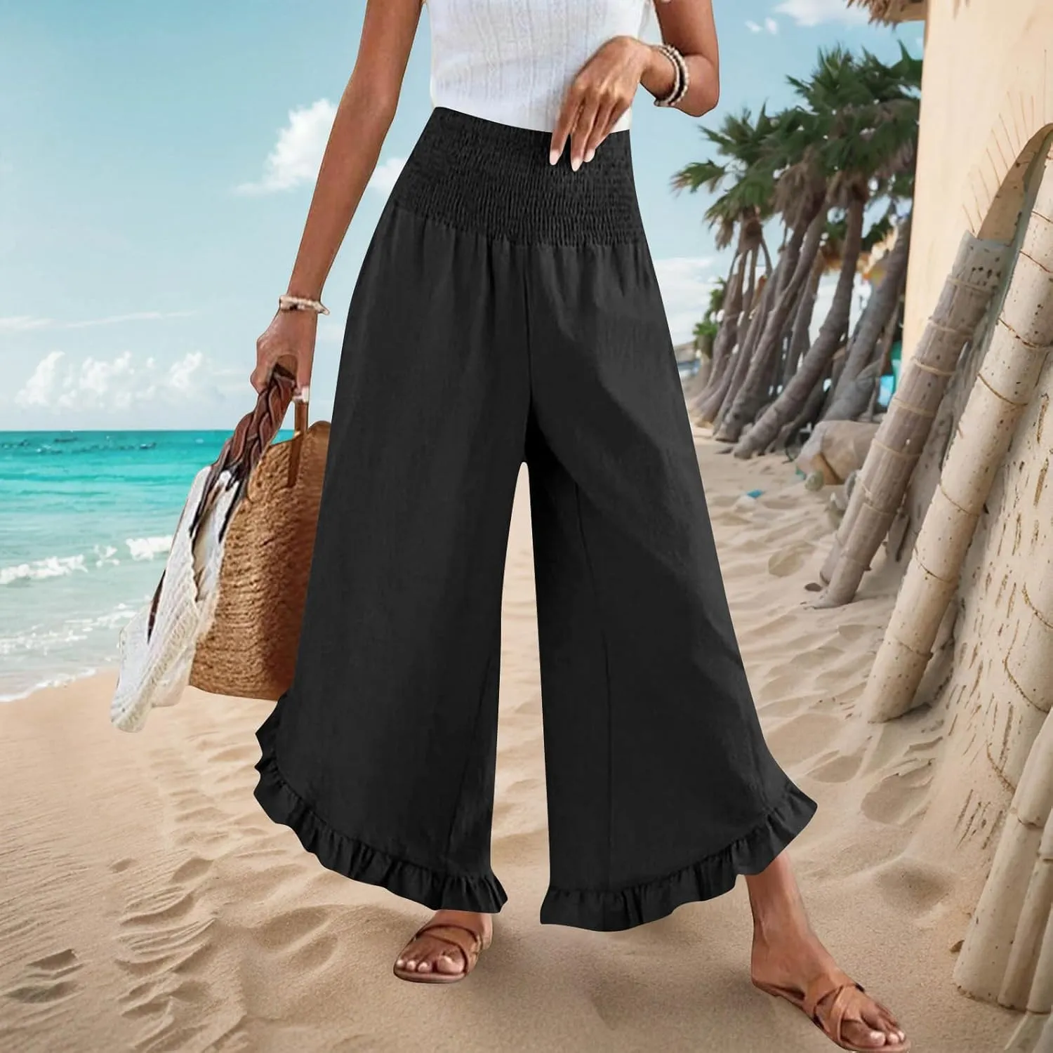Womens Summer Boho Pants Cotton Linen Casual Pants Flowy Palazzo Wide Leg Trousers Fashion Beach Vacation Outfits Clothes