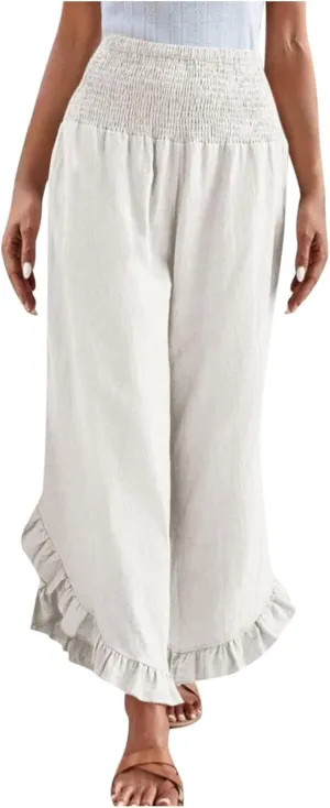 Womens Summer Boho Pants Cotton Linen Casual Pants Flowy Palazzo Wide Leg Trousers Fashion Beach Vacation Outfits Clothes