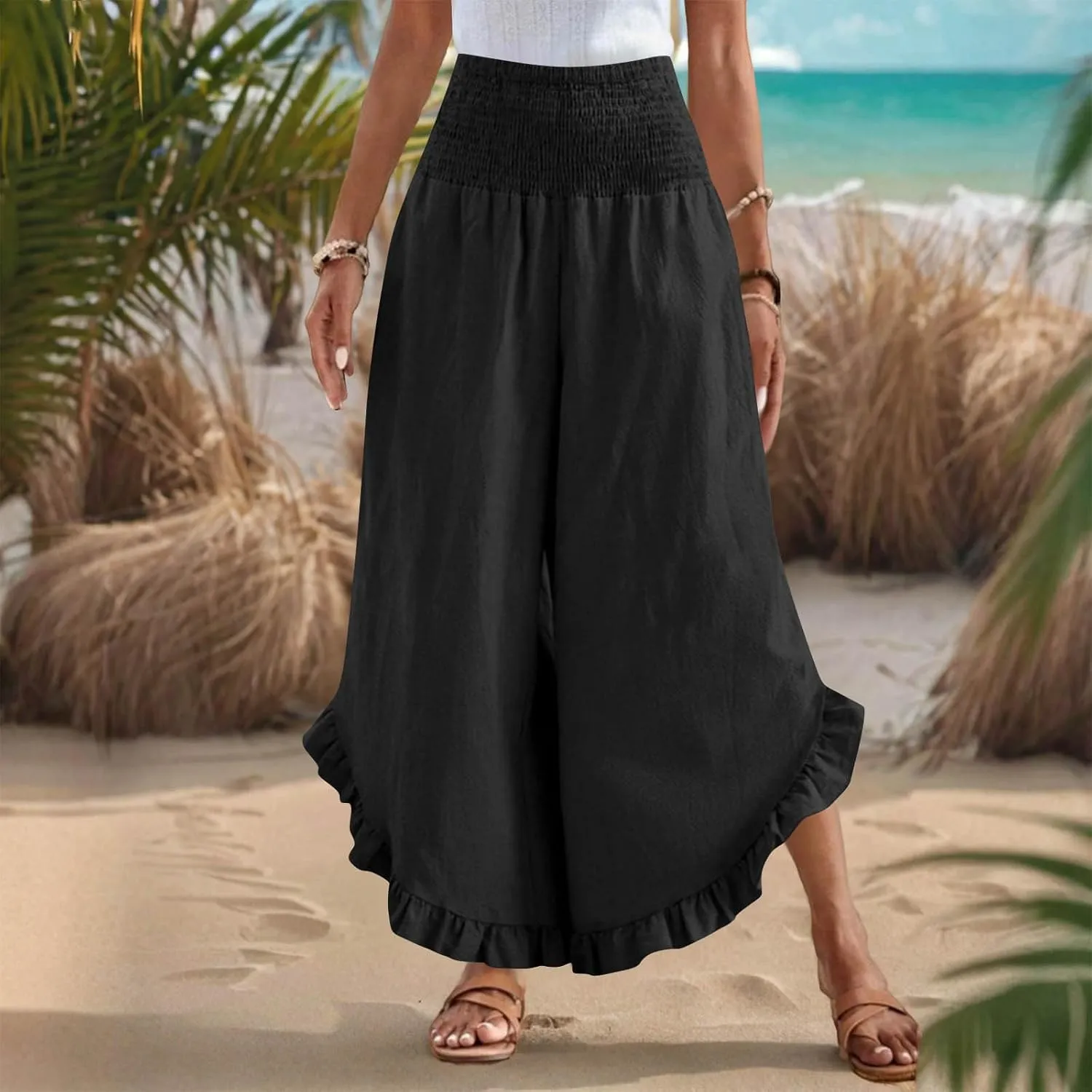 Womens Summer Boho Pants Cotton Linen Casual Pants Flowy Palazzo Wide Leg Trousers Fashion Beach Vacation Outfits Clothes