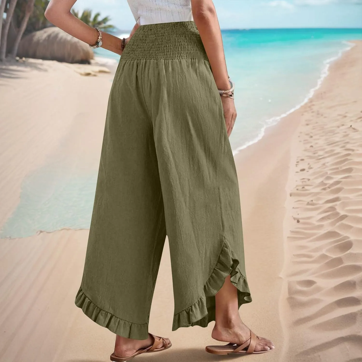 Womens Summer Boho Pants Cotton Linen Casual Pants Flowy Palazzo Wide Leg Trousers Fashion Beach Vacation Outfits Clothes
