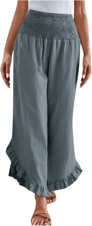 Womens Summer Boho Pants Cotton Linen Casual Pants Flowy Palazzo Wide Leg Trousers Fashion Beach Vacation Outfits Clothes