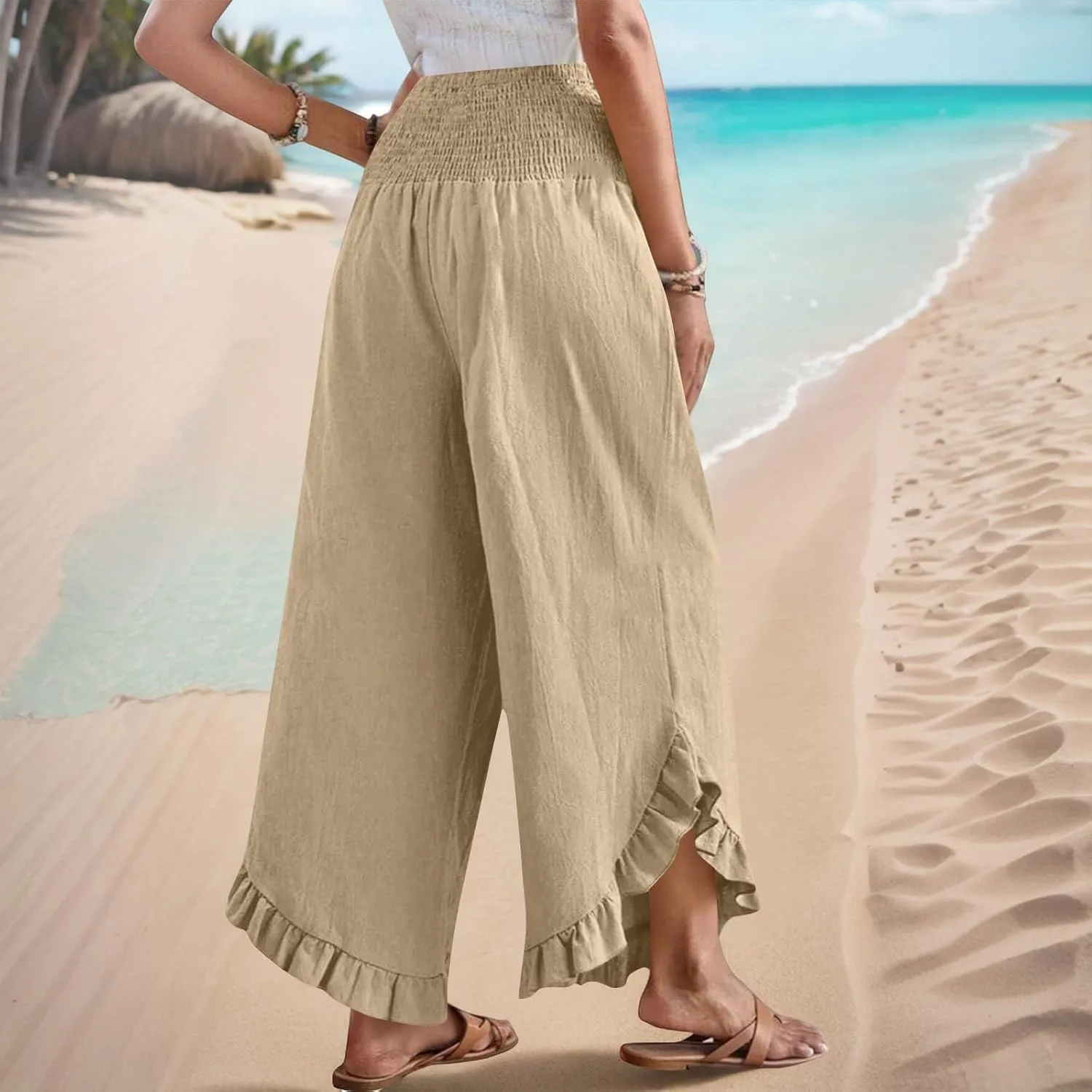Womens Summer Boho Pants Cotton Linen Casual Pants Flowy Palazzo Wide Leg Trousers Fashion Beach Vacation Outfits Clothes